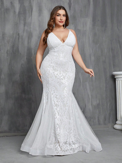 Sparkling Elegance: Plus Size Women's Mermaid Sequin Mesh Splicing Wedding Dress with Lace Up Back