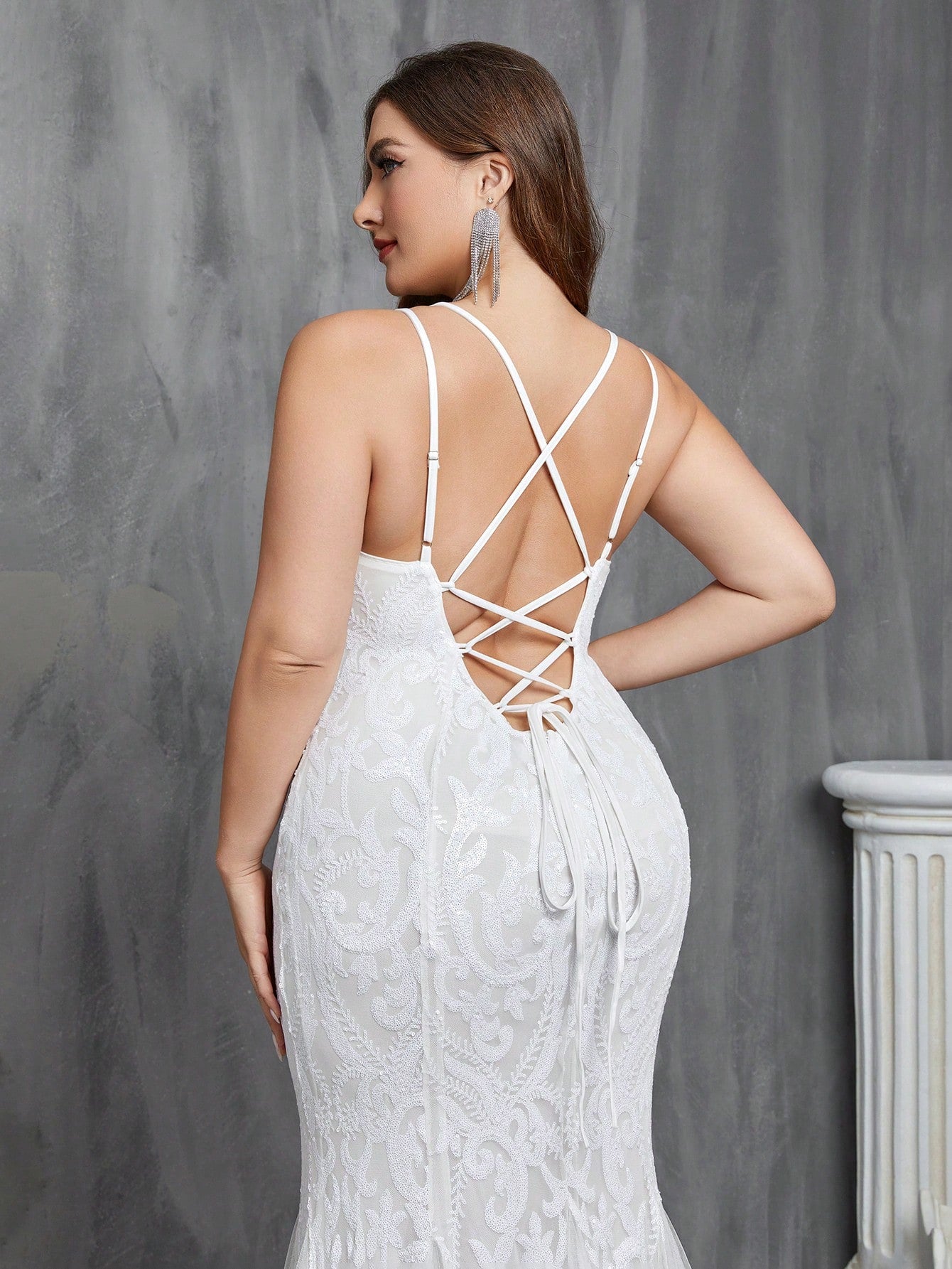 Sparkling Elegance: Plus Size Women's Mermaid Sequin Mesh Splicing Wedding Dress with Lace Up Back