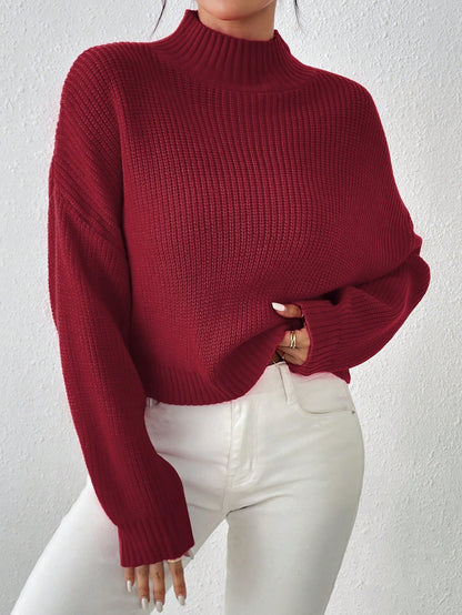 Cozy Comfort: Mock Neck Drop Shoulder Sweater for Effortless Style