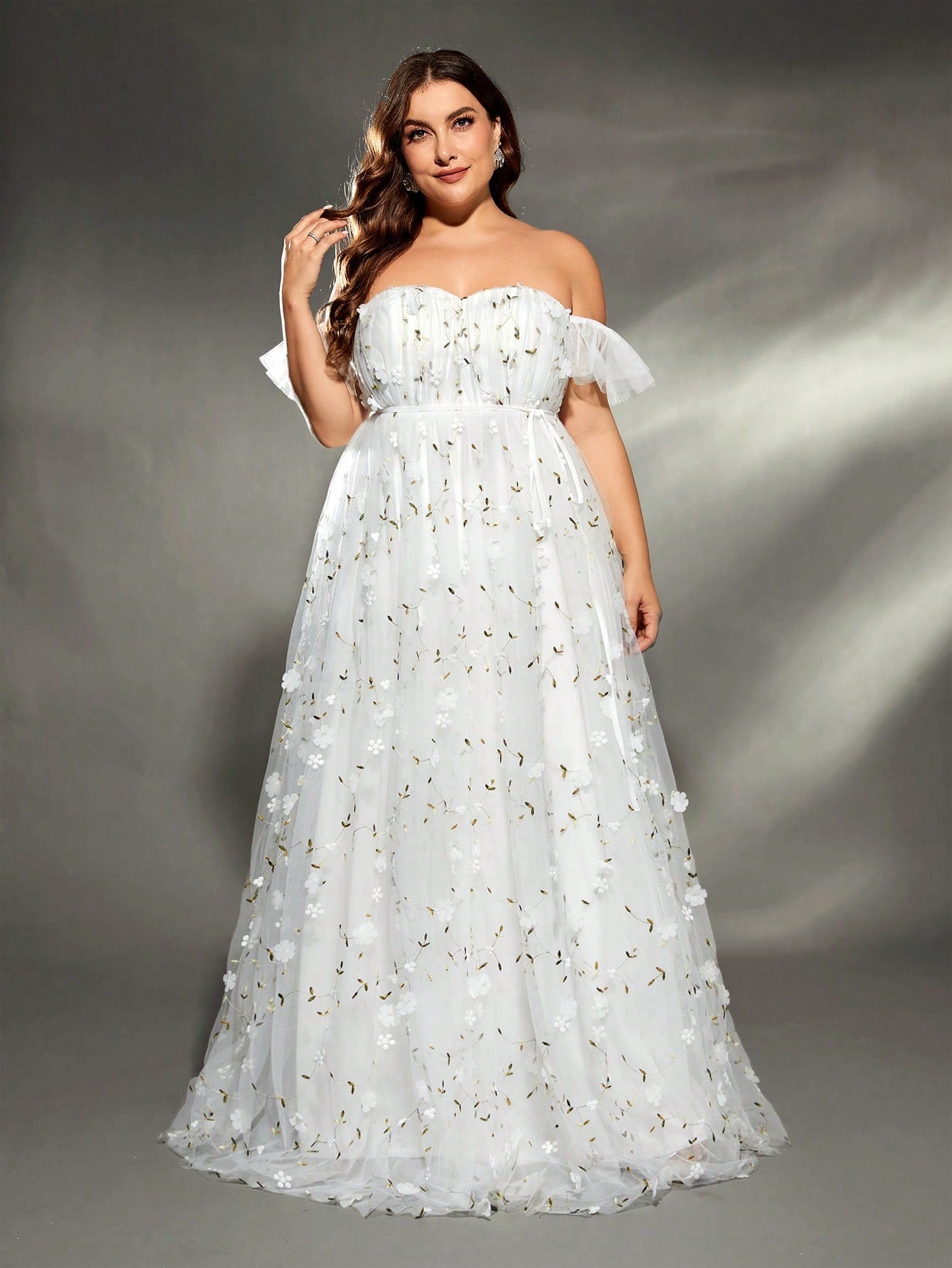 Elegant Plus Size Wedding Dress, Embroidered Tulle, Floral Applique and Ruched Detail