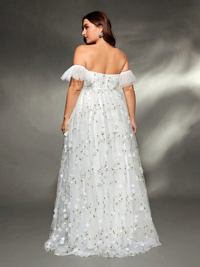 Elegant Plus Size Wedding Dress, Embroidered Tulle, Floral Applique and Ruched Detail