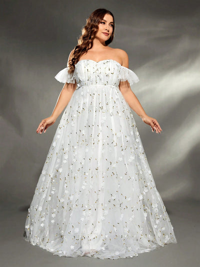 Elegant Plus Size Wedding Dress, Embroidered Tulle, Floral Applique and Ruched Detail