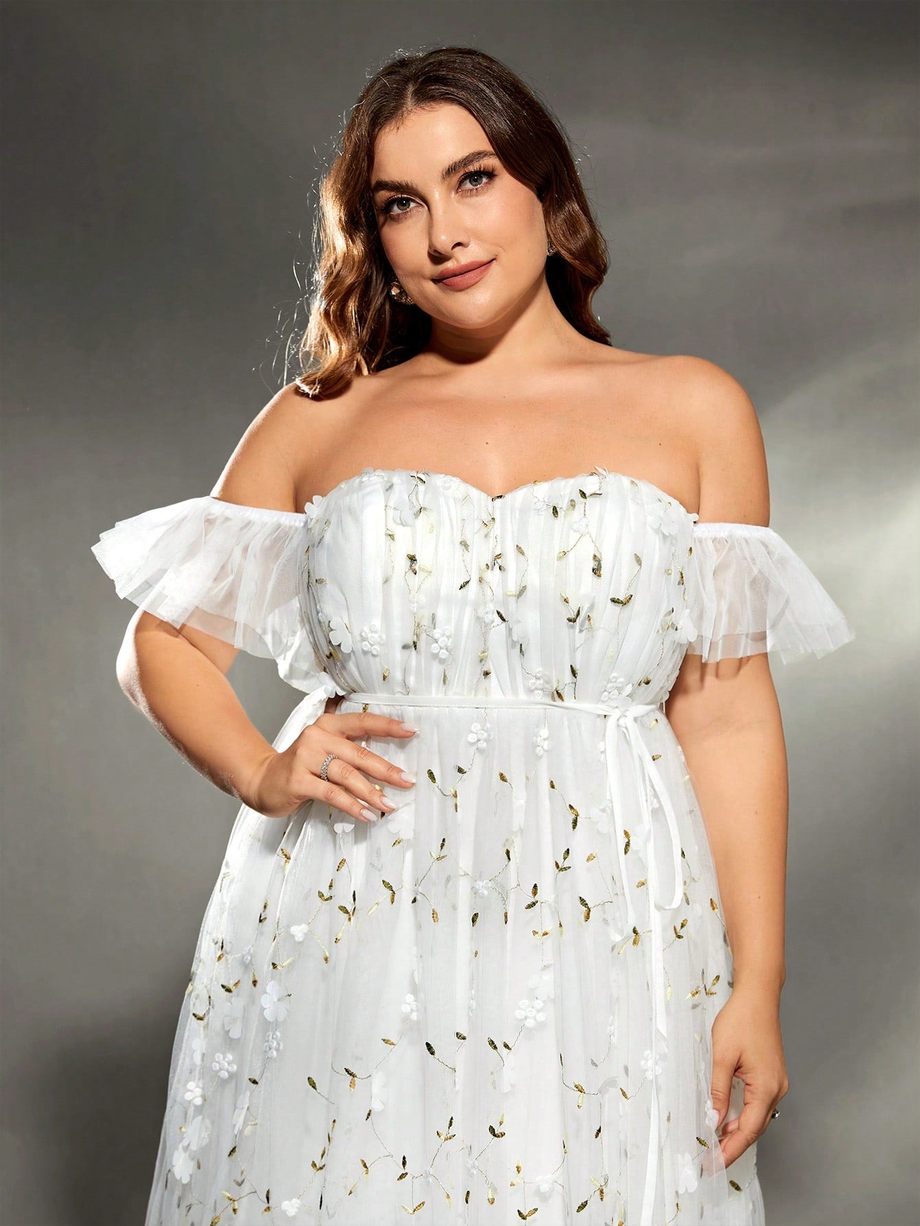 Elegant Plus Size Wedding Dress, Embroidered Tulle, Floral Applique and Ruched Detail