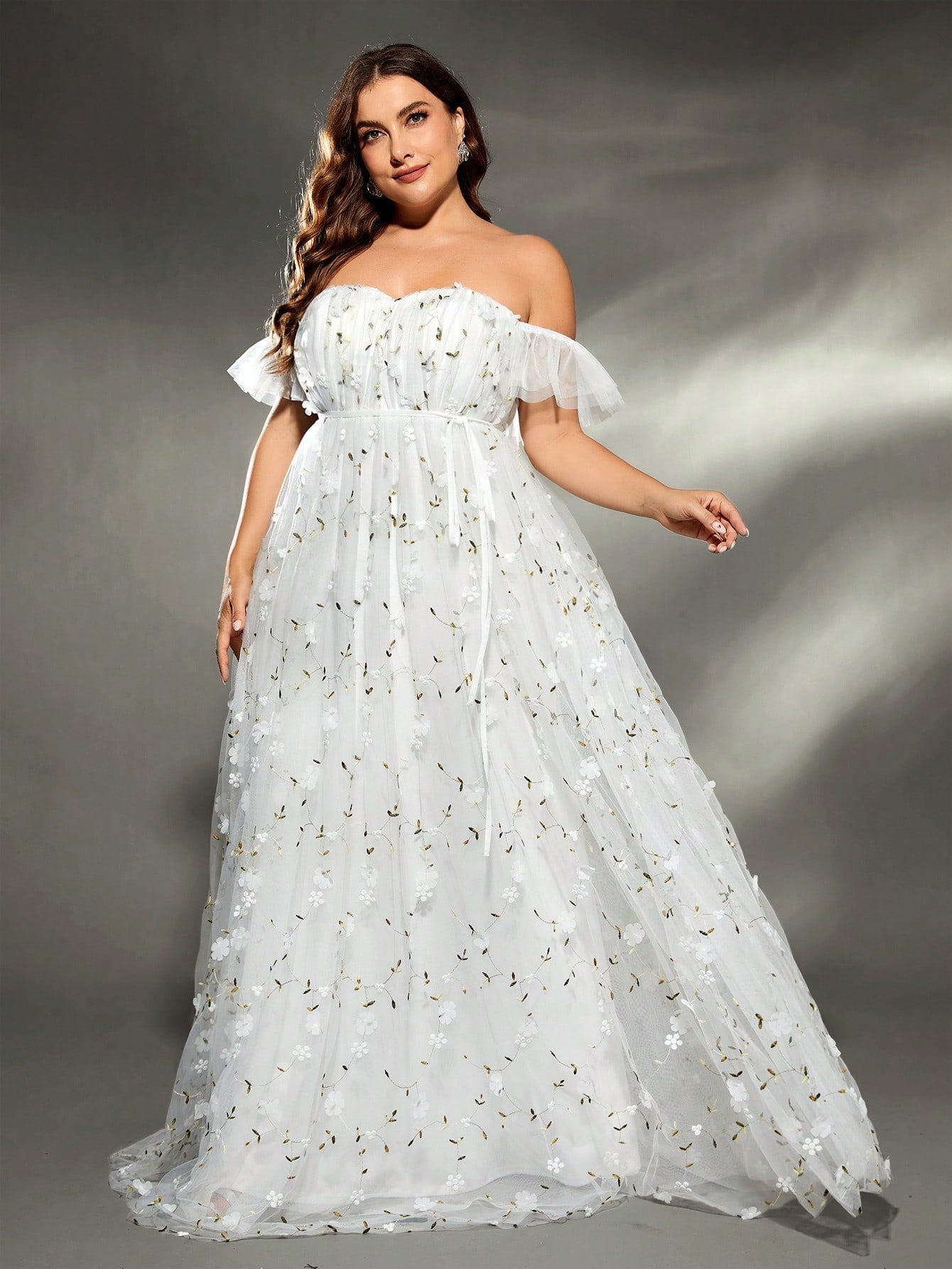 Elegant Plus Size Wedding Dress, Embroidered Tulle, Floral Applique and Ruched Detail