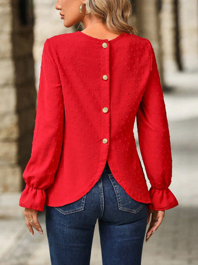 Swiss Dot Delight: Button-Back Flounce Sleeve Blouse