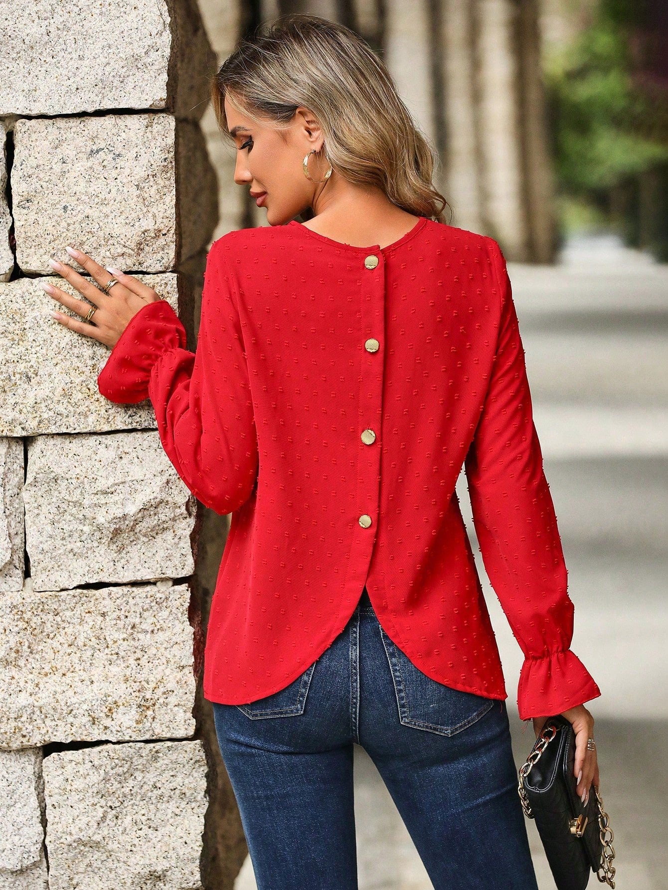 Swiss Dot Delight: Button-Back Flounce Sleeve Blouse