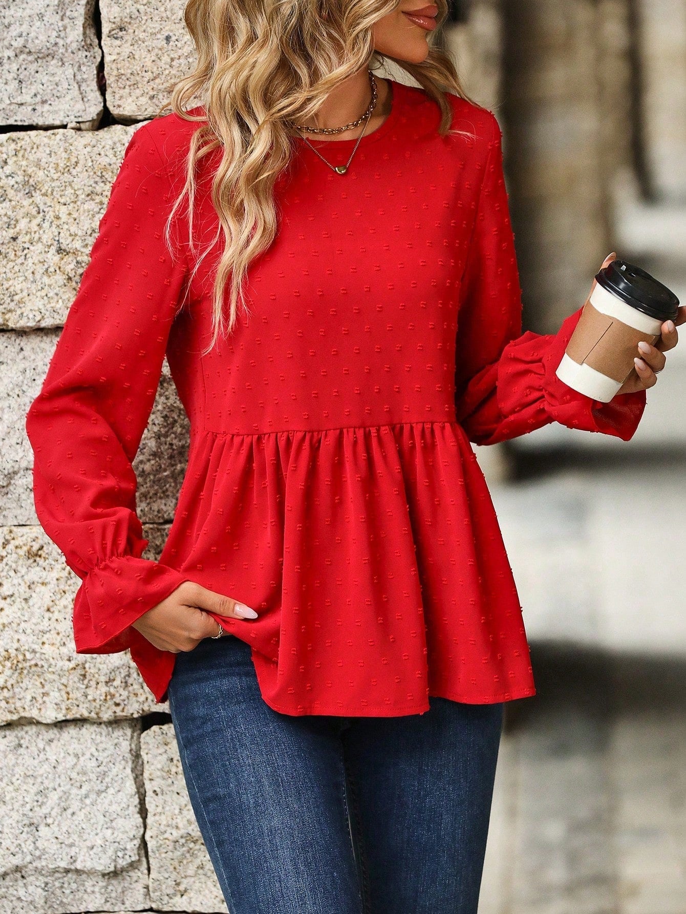 Swiss Dot Delight: Button-Back Flounce Sleeve Blouse