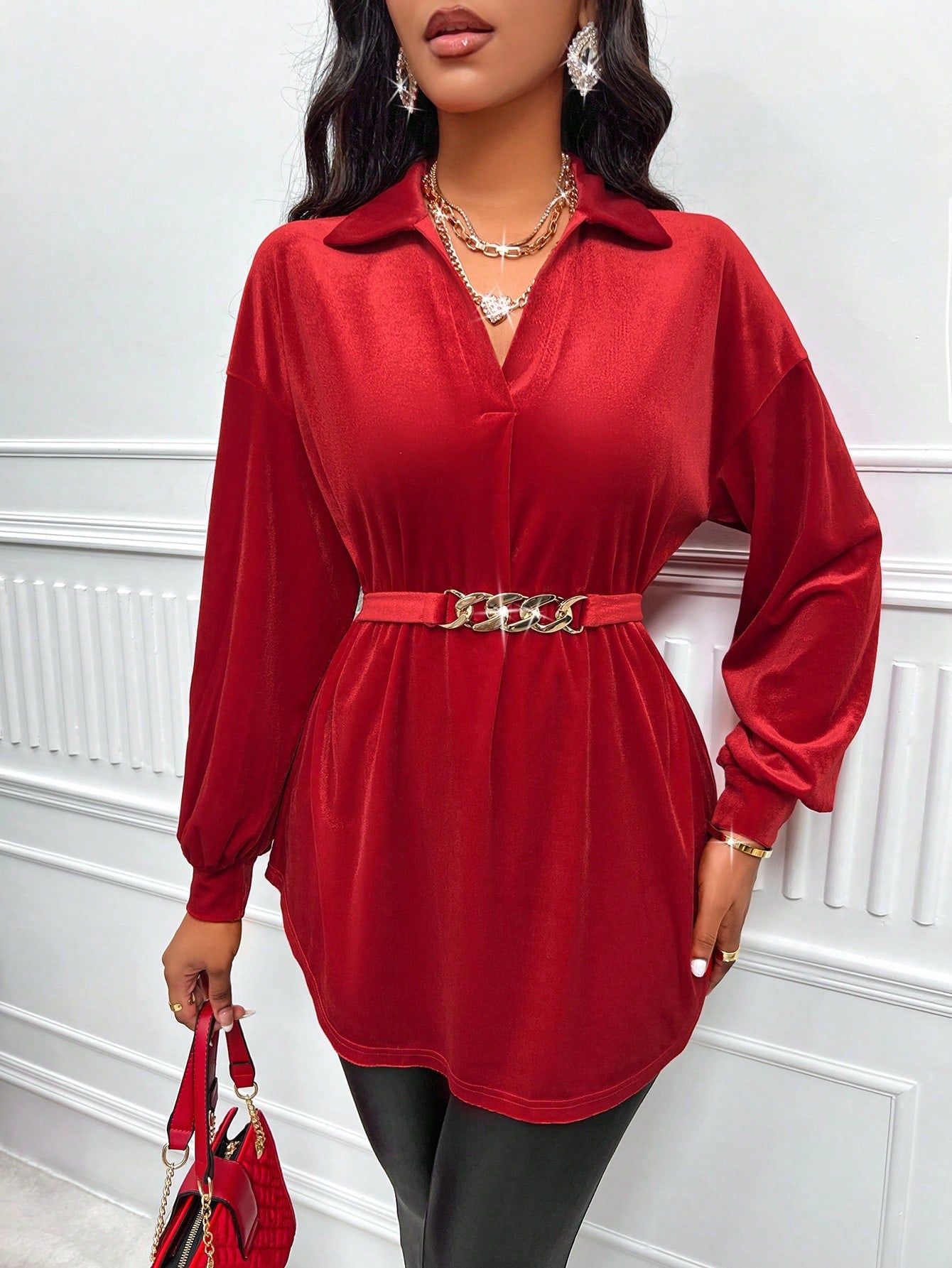 *Effortlessly Chic: Drop Shoulder Curved Hem Belted Blouse-Free Shipping