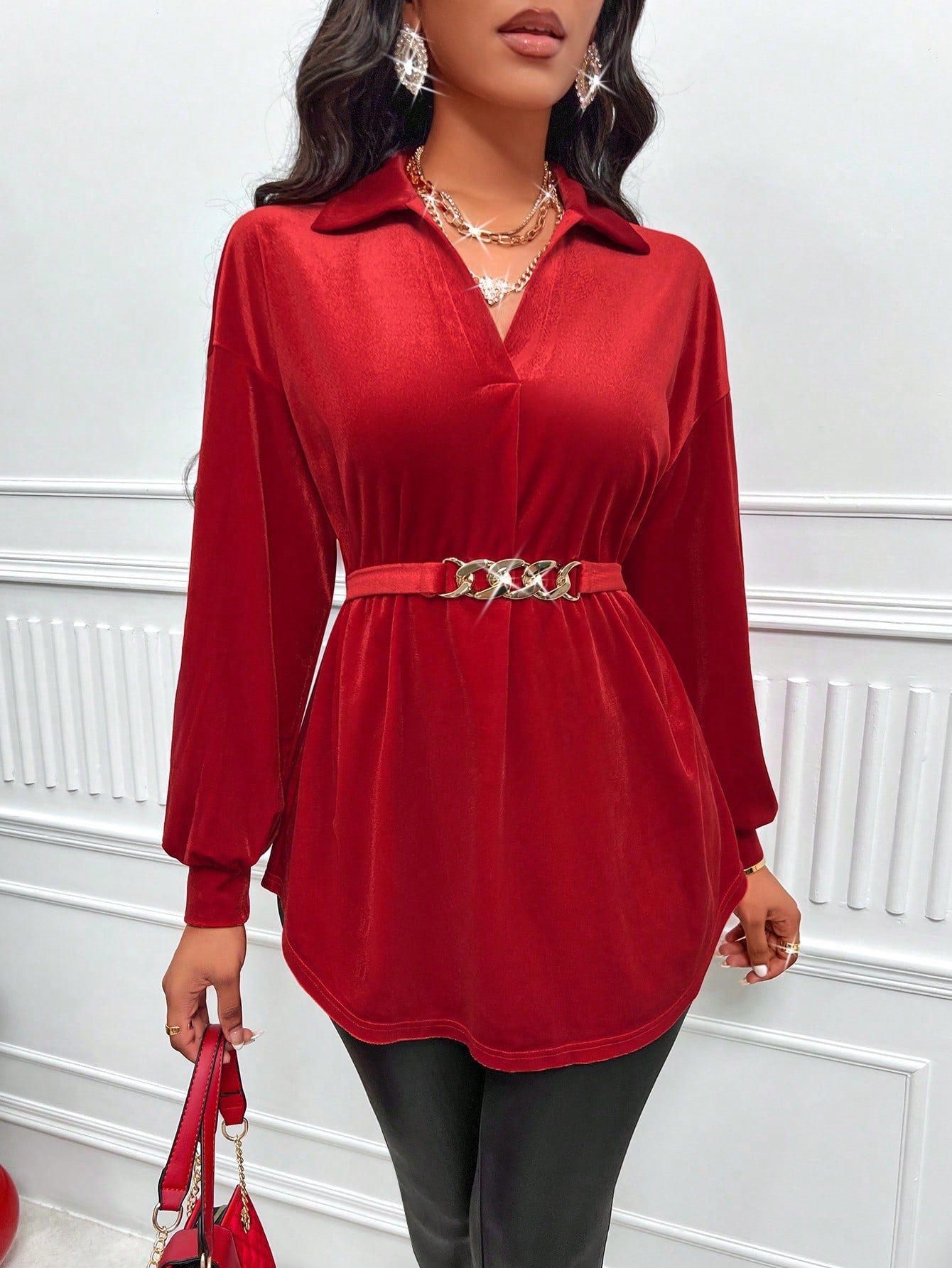 *Effortlessly Chic: Drop Shoulder Curved Hem Belted Blouse-Free Shipping