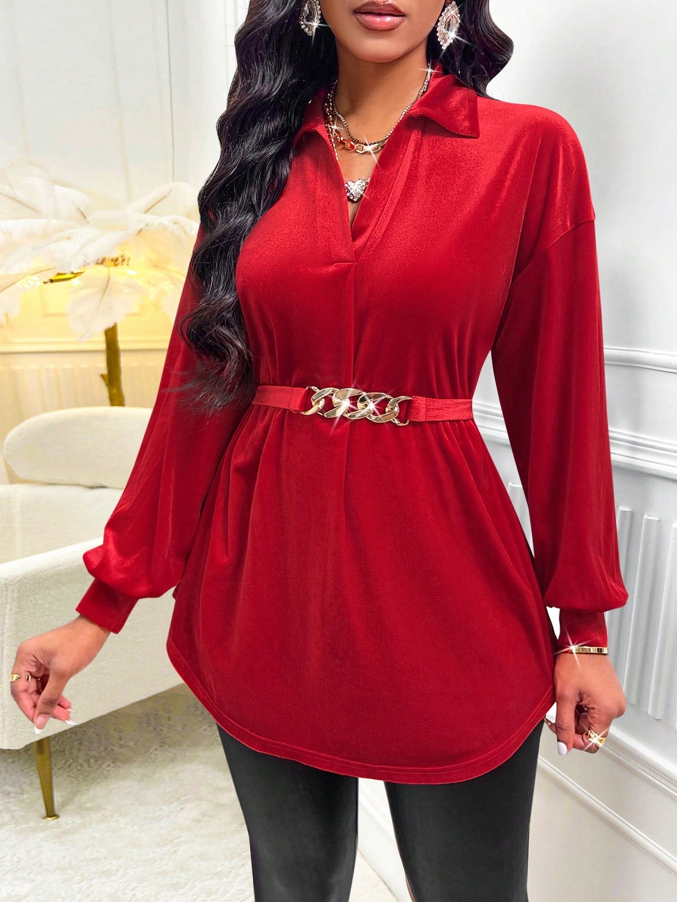 *Effortlessly Chic: Drop Shoulder Curved Hem Belted Blouse-Free Shipping