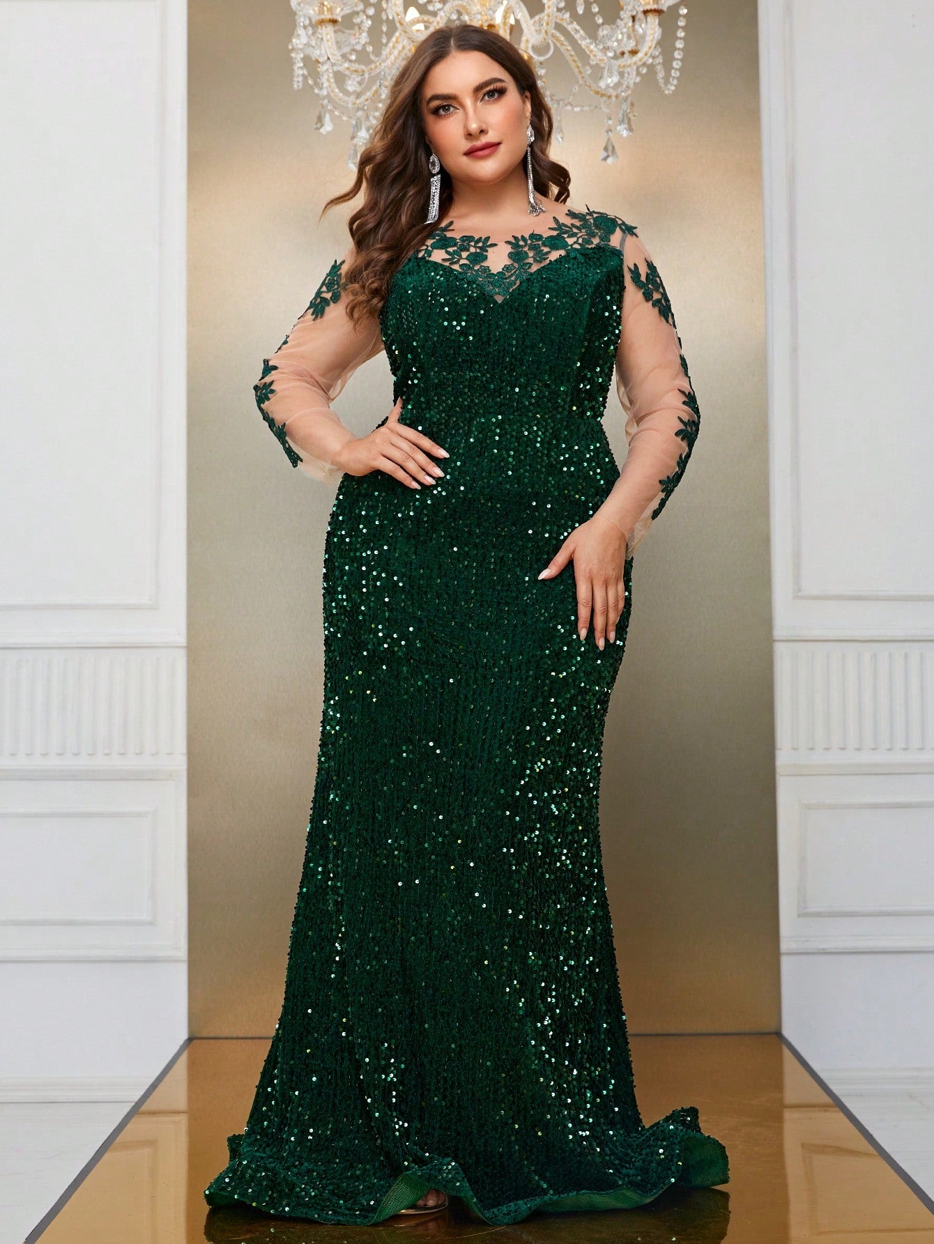 Plus Size Floral Applique Lace Mesh Sleeves and Sequin Detail Formal Dress, Prom, Wedding Guest