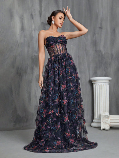 Exquisite Elegance: Floral Appliqué Mesh Strapless Formal Dress