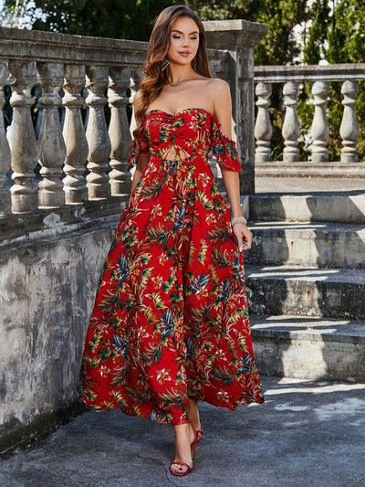 Elegant Floral Maxi Dress - Off-Shoulder, Long, Red with Exotic Pattern - Perfect for any Occasion