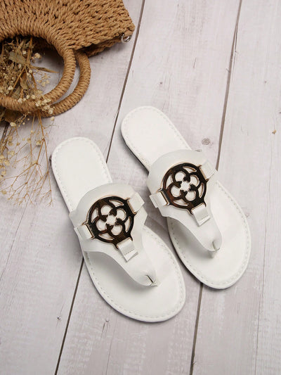 Effortless Chic Metal Emblem Flat Sandals