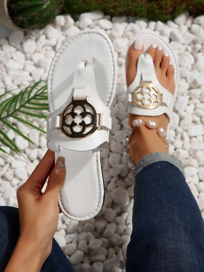 Effortless Chic Metal Emblem Flat Sandals