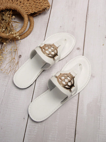 Effortless Chic Metal Emblem Flat Sandals-Free Shipping