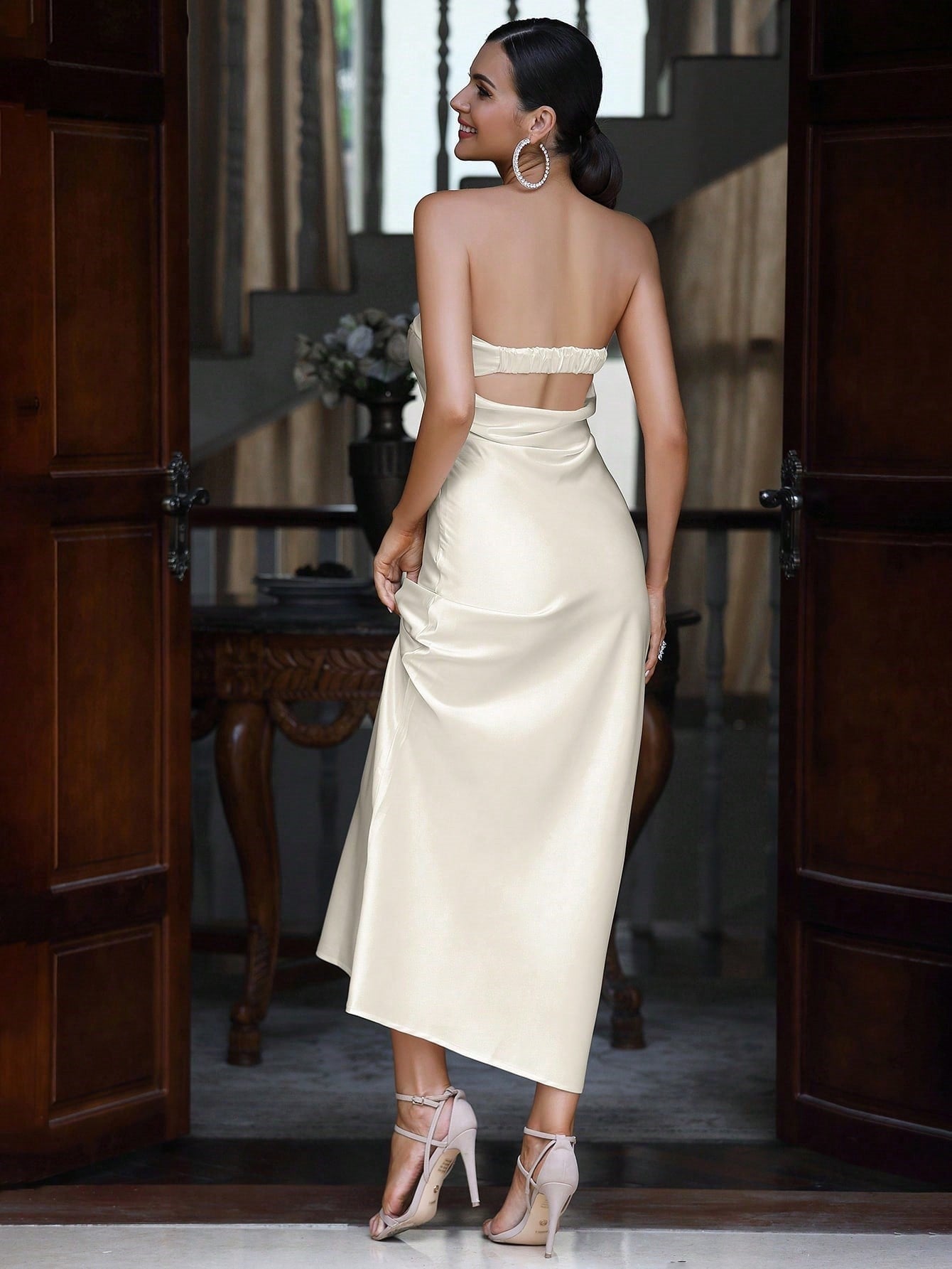 Luxurious Satin Strapless Midi Dress with Sleek Cut-Out Back