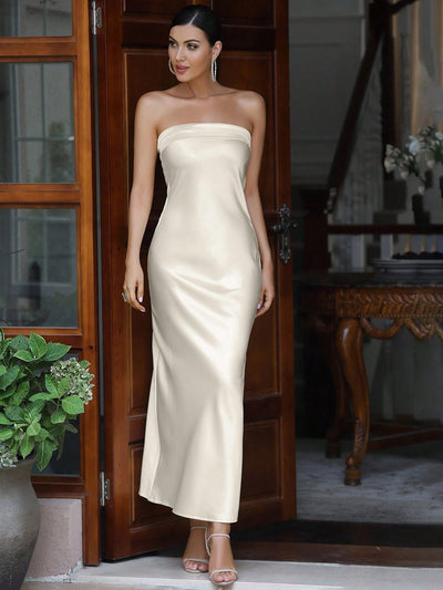 Luxurious Satin Strapless Midi Dress with Sleek Cut-Out Back