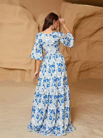 Women's Floral Boho Maxi Dress with Elegant Flounce Sleeves