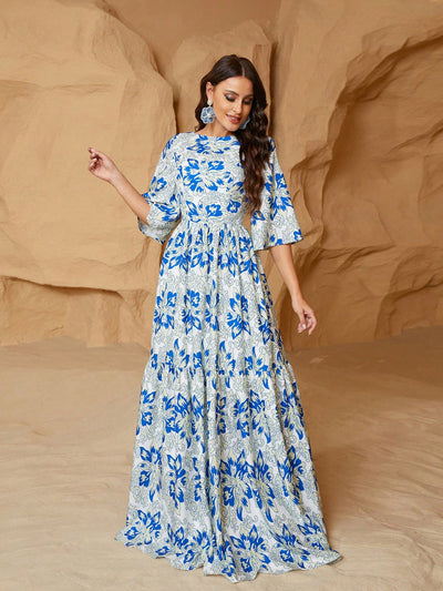 Women's Floral Boho Maxi Dress with Elegant Flounce Sleeves