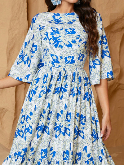 Women's Floral Boho Maxi Dress with Elegant Flounce Sleeves