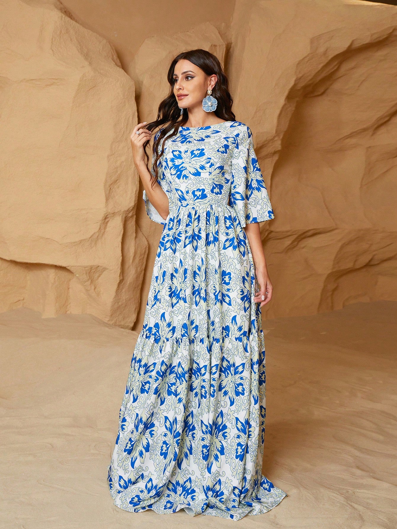 Women's Floral Boho Maxi Dress with Elegant Flounce Sleeves