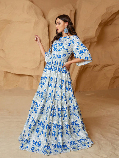 Women's Floral Boho Maxi Dress with Elegant Flounce Sleeves