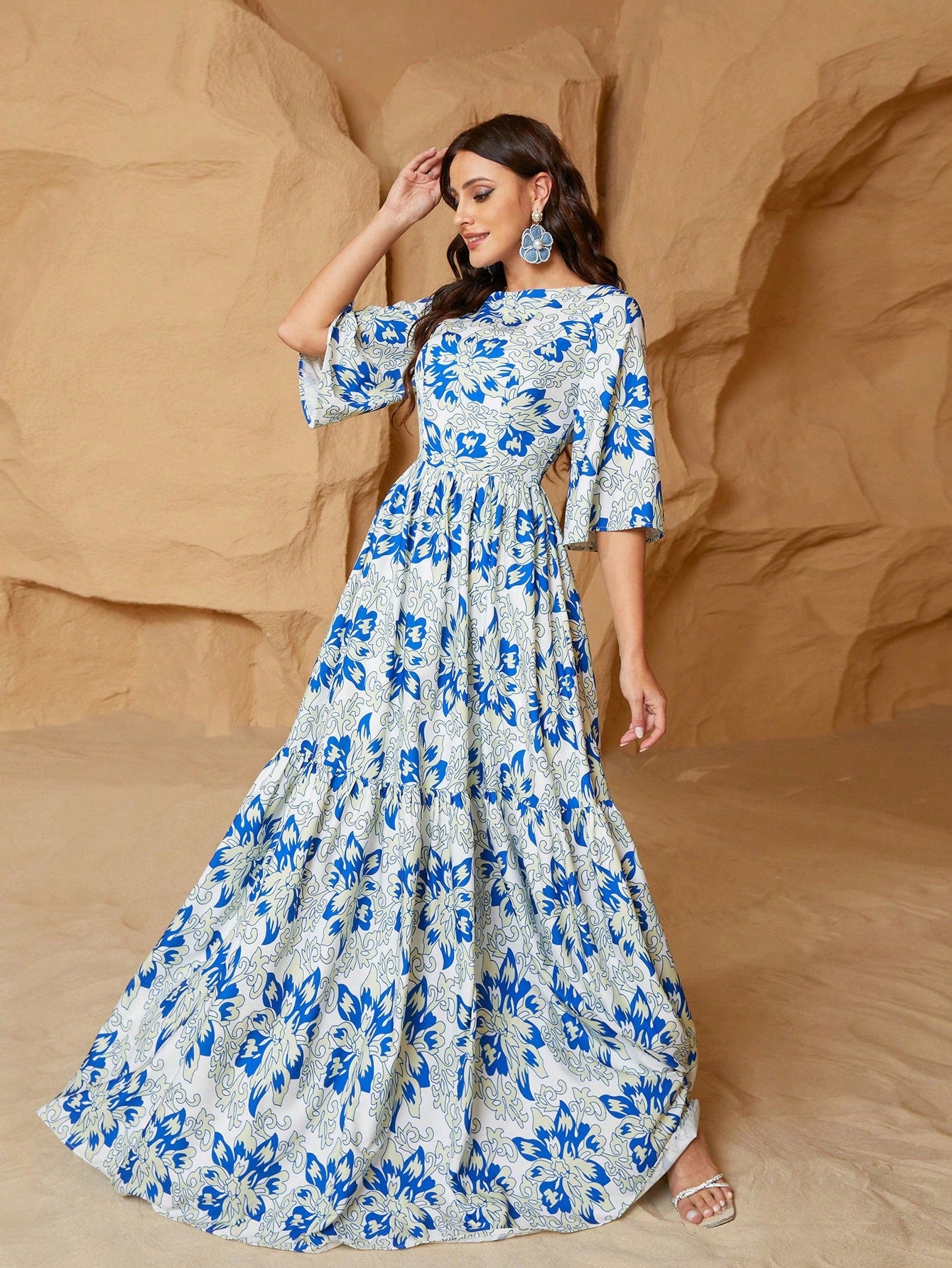 Women's Floral Boho Maxi Dress with Elegant Flounce Sleeves