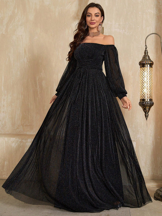 Elegant Sparkling Maxi Dress: Off-Shoulder Lantern Sleeves & Ruched Detail-Free Shipping