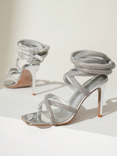 Silver-Gold Wrap Up Stiletto Heels - Sexy Cross Strap Heels