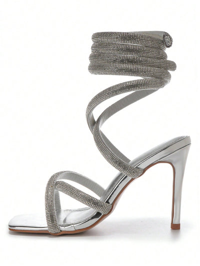 Silver-Gold Wrap Up Stiletto Heels - Sexy Cross Strap Heels