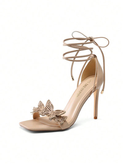 "Butterfly High Heeled Sandals with Tie-Leg Design"