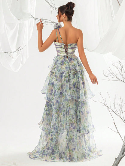 Elegant Floral Print One Shoulder Ruffle Trim Petal Hem Evening Gown