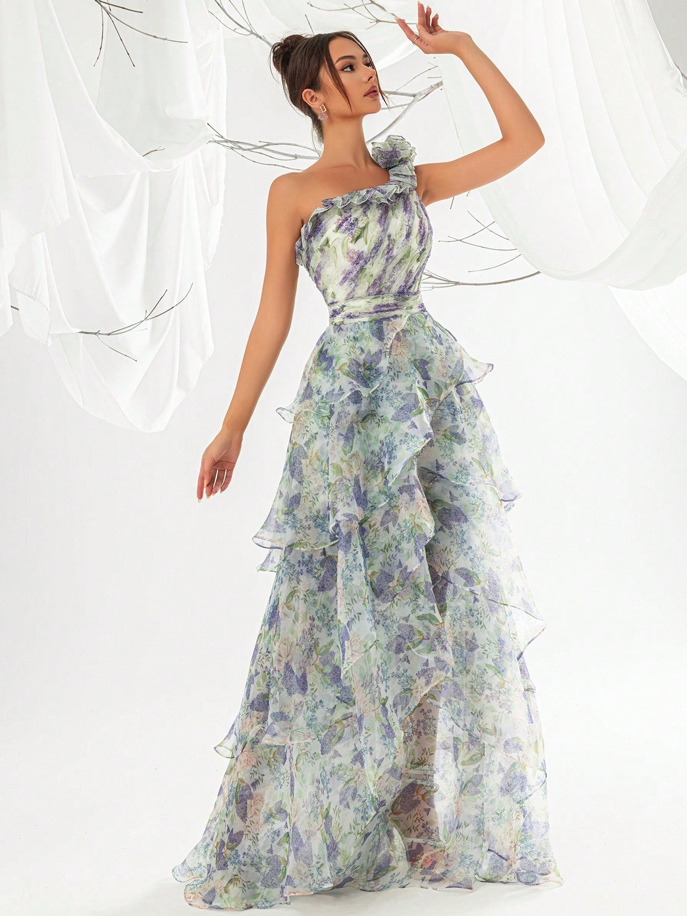 Elegant Floral Print One Shoulder Ruffle Trim Petal Hem Evening Gown