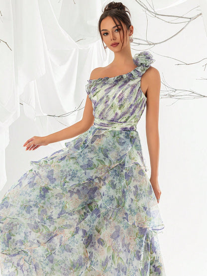 Elegant Floral Print One Shoulder Ruffle Trim Petal Hem Evening Gown