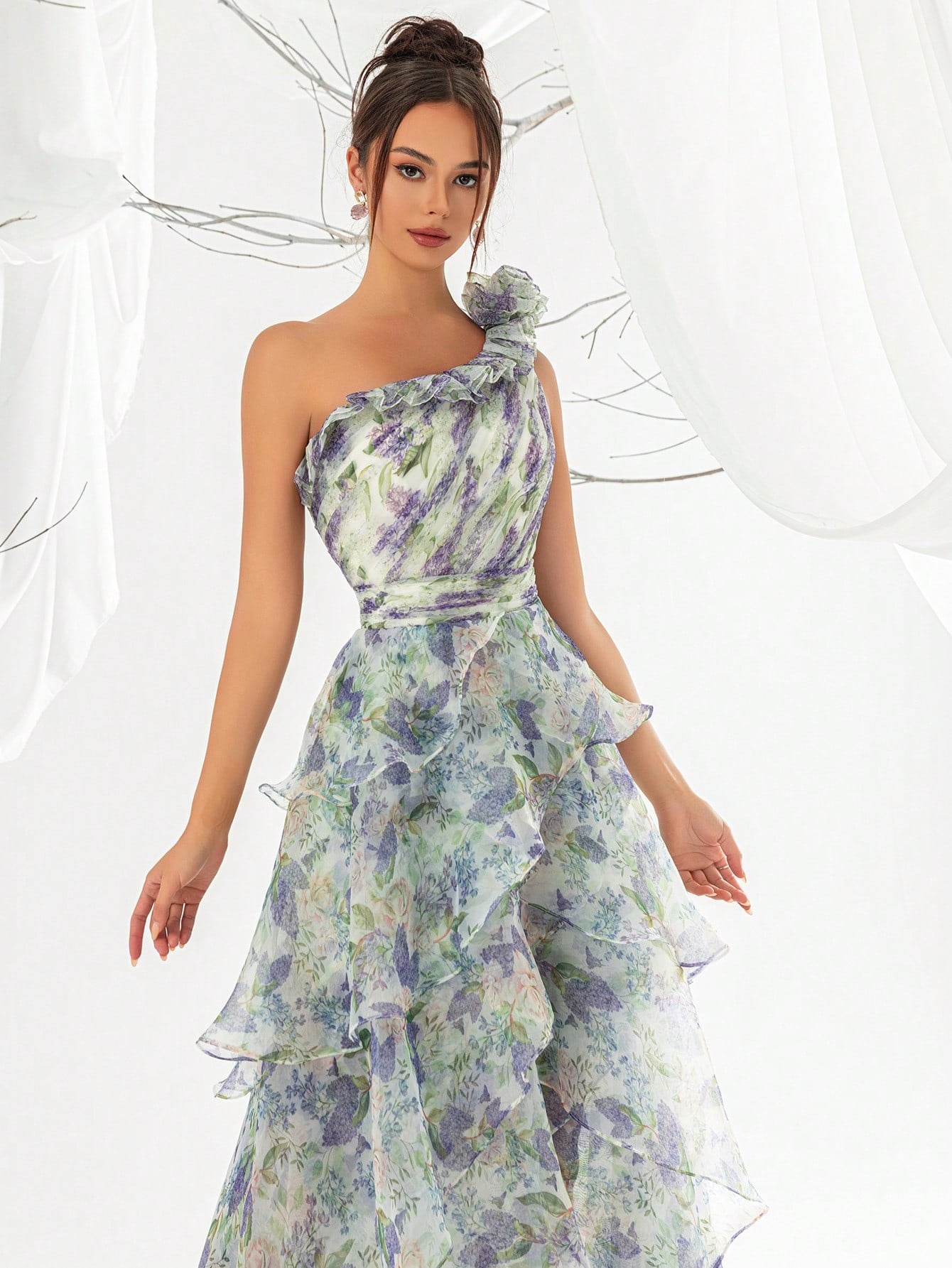 Elegant Floral Print One Shoulder Ruffle Trim Petal Hem Evening Gown