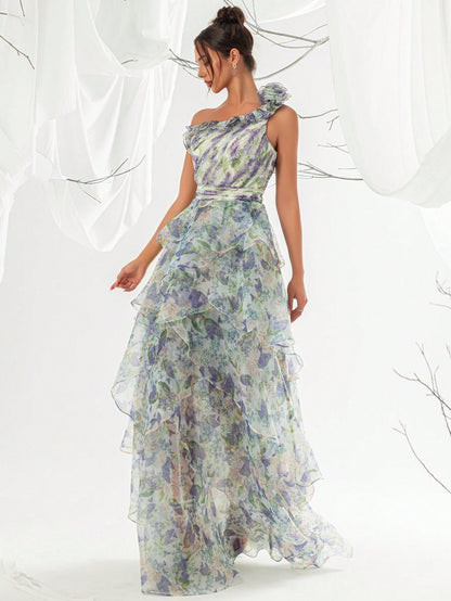 Elegant Floral Print One Shoulder Ruffle Trim Petal Hem Evening Gown