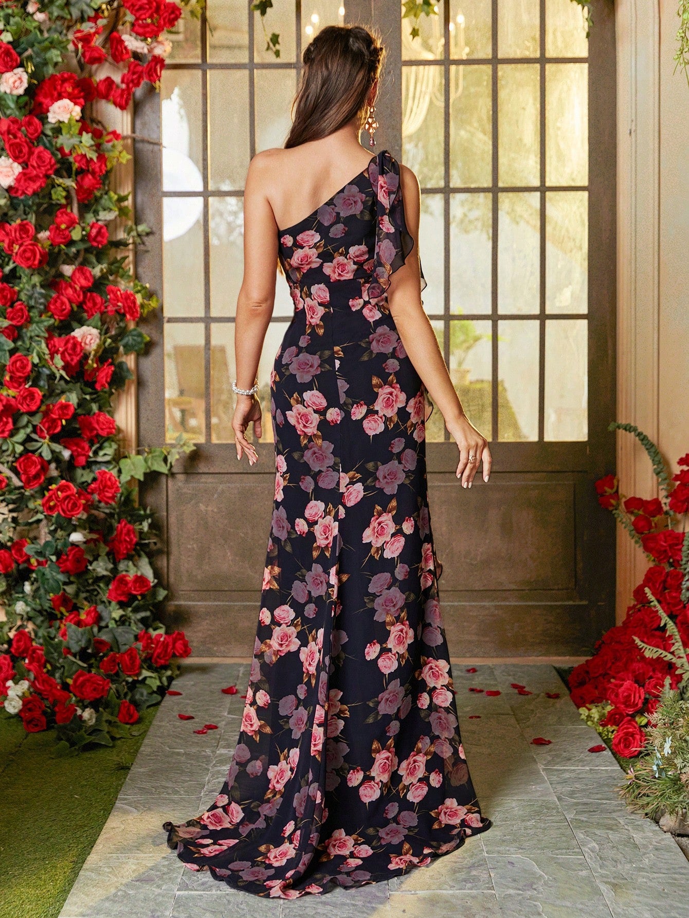 Elegant Floral Maxi Dress with High Slit and Ruffle Details