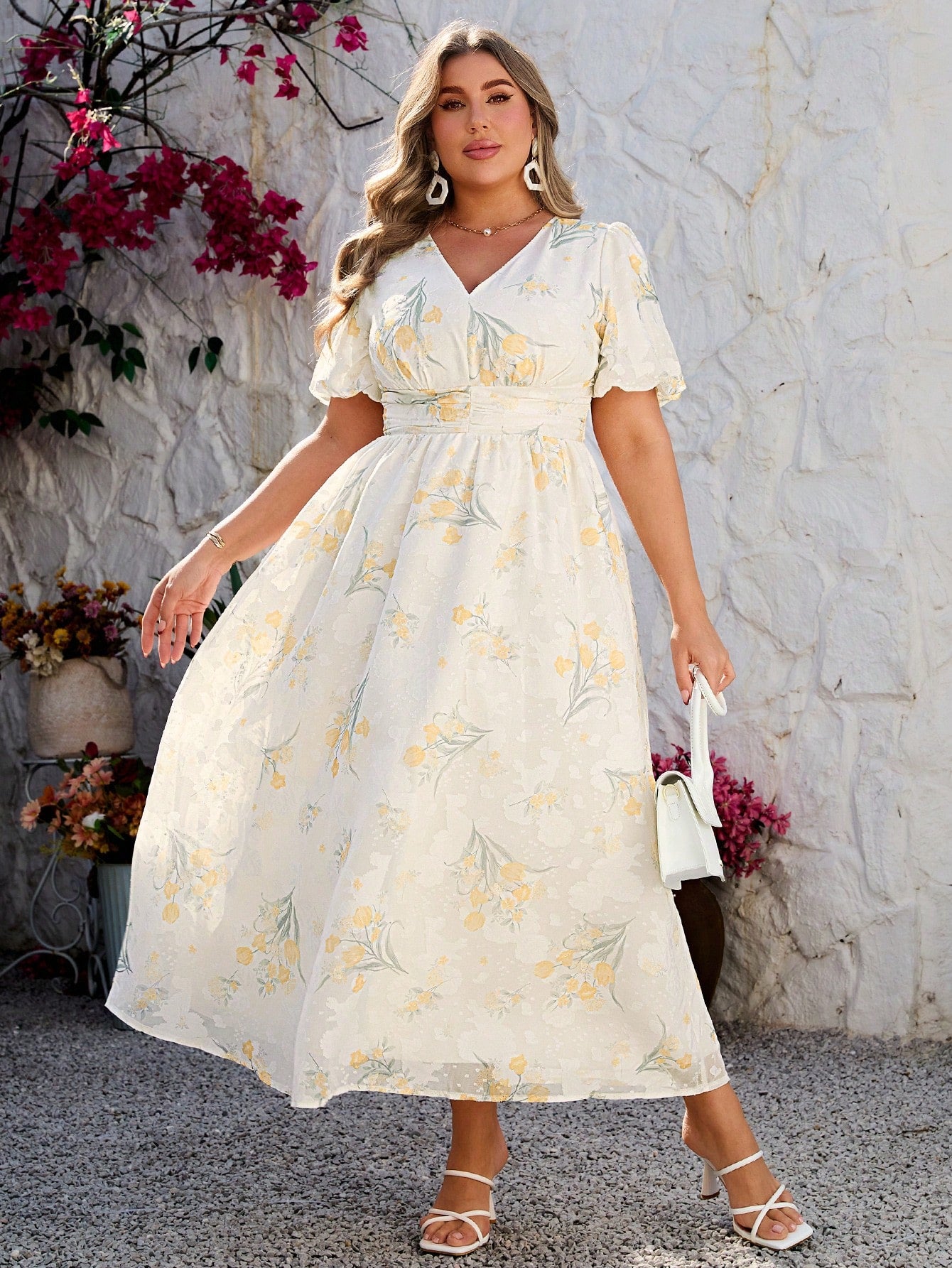 Floral Elegance: Plus Size V-Neck Dress with Puff Sleeves