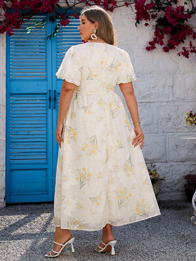 Floral Elegance: Plus Size V-Neck Dress with Puff Sleeves