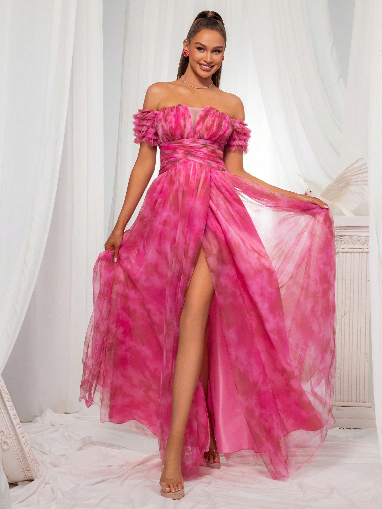 Off-the-Shoulder Mesh Evening Dress for Women - Vibrant Pink Gown with High Slit