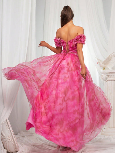 Off-the-Shoulder Mesh Evening Dress for Women - Vibrant Pink Gown with High Slit