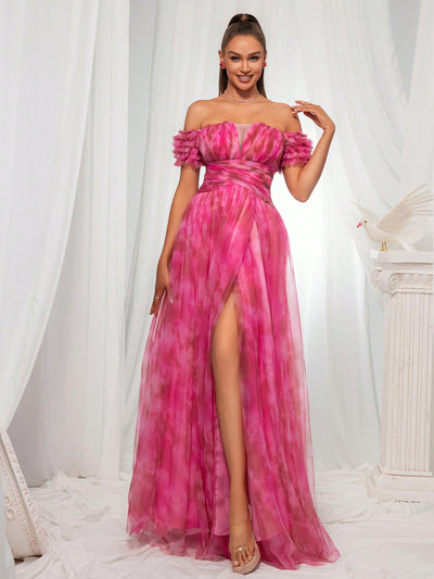 Off-the-Shoulder Mesh Evening Dress for Women - Vibrant Pink Gown with High Slit