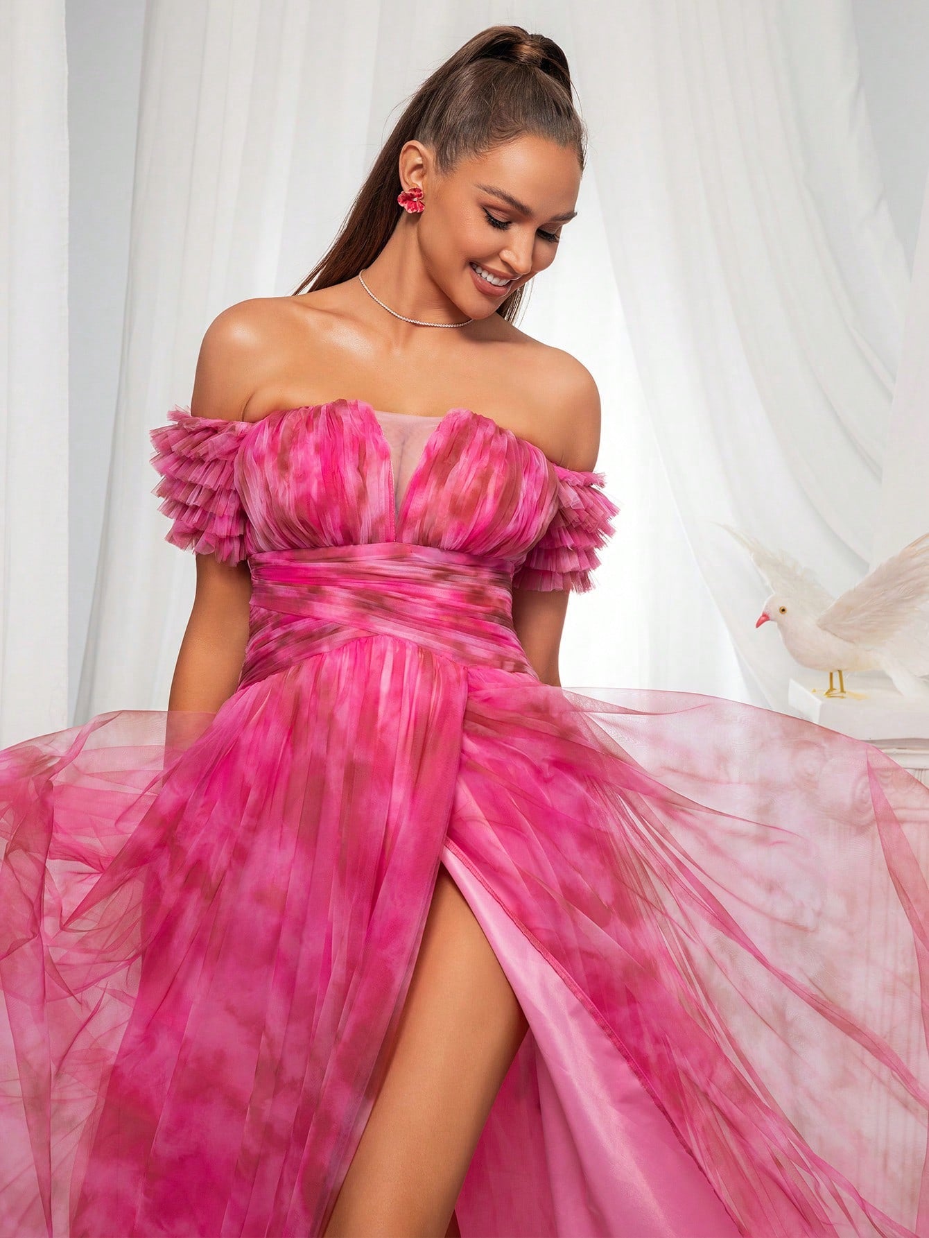 Off-the-Shoulder Mesh Evening Dress for Women - Vibrant Pink Gown with High Slit