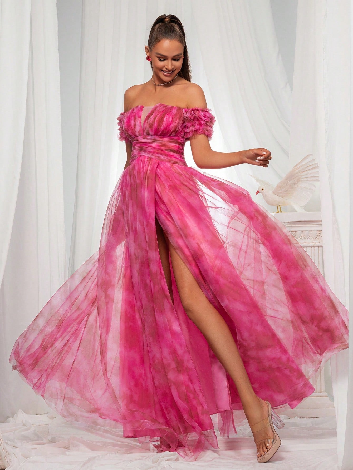 Off-the-Shoulder Mesh Evening Dress for Women - Vibrant Pink Gown with High Slit