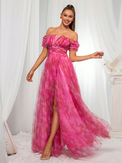 Off-the-Shoulder Mesh Evening Dress for Women - Vibrant Pink Gown with High Slit