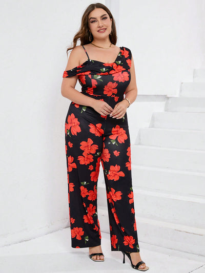 Chic Plus Size Black Floral Print Jumpsuit with Shoulder Detail