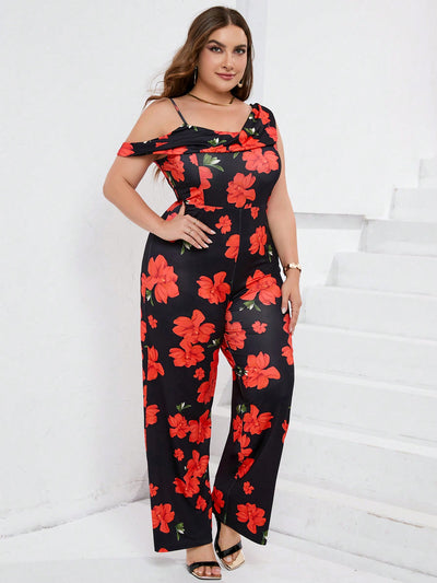 Chic Plus Size Black Floral Print Jumpsuit with Shoulder Detail