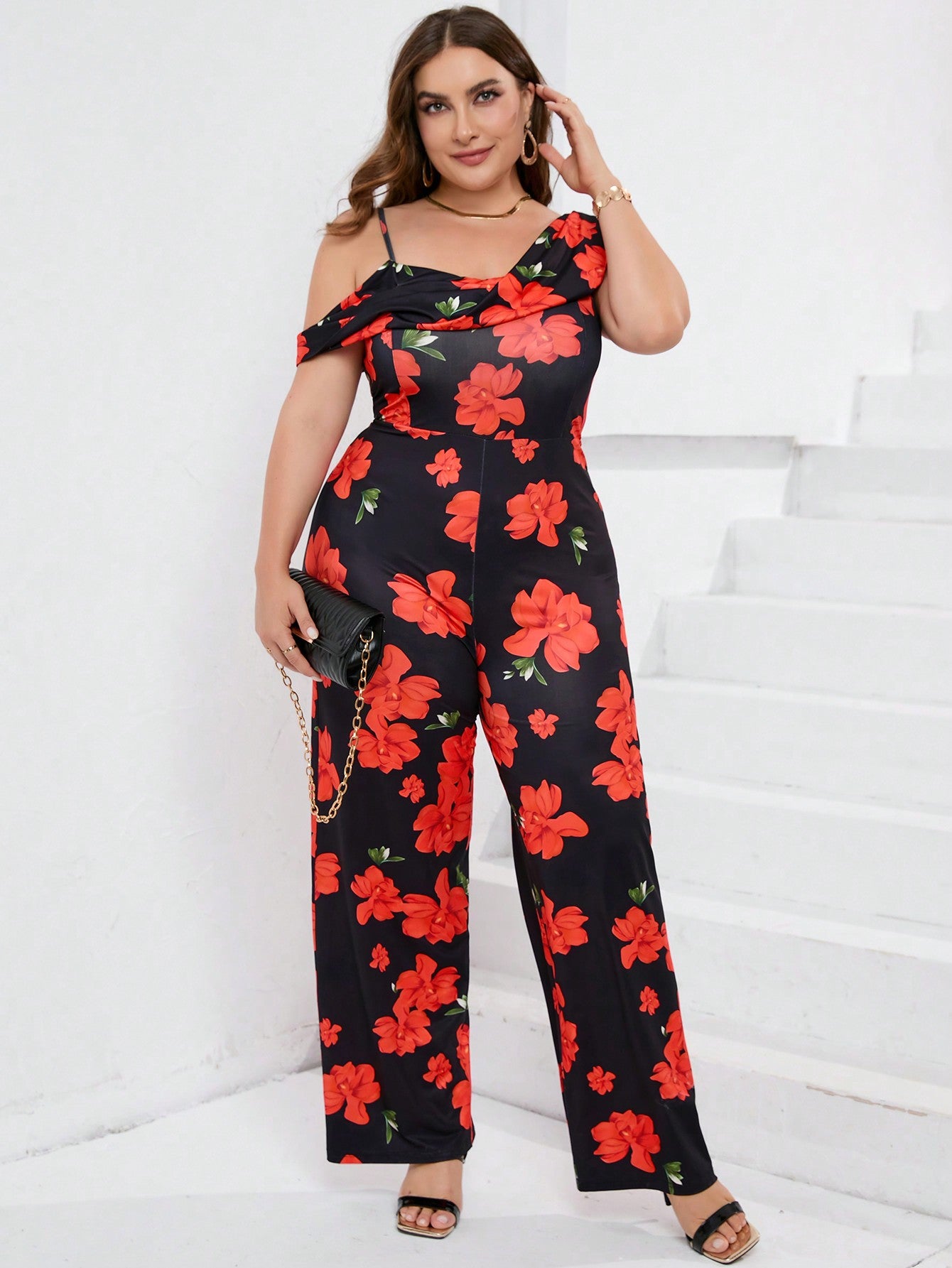 Chic Plus Size Black Floral Print Jumpsuit with Shoulder Detail