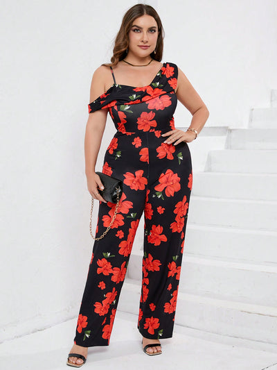 Chic Plus Size Black Floral Print Jumpsuit with Shoulder Detail